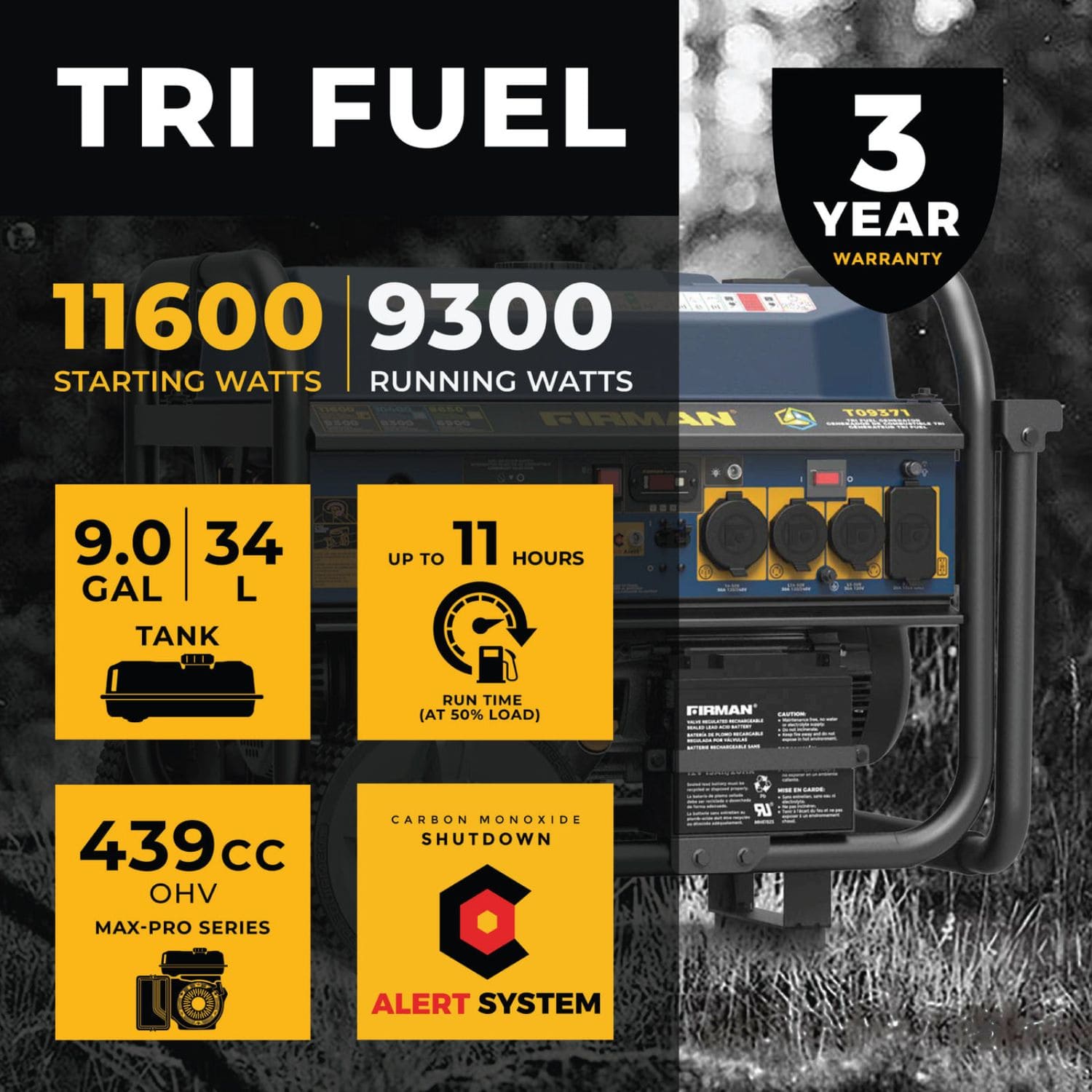 Firman T09371 Tri Fuel Portable Generator 11600W Tri Fuel