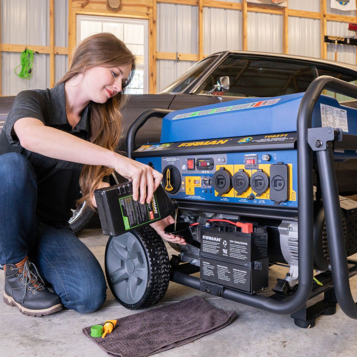 Firman T09371 Tri Fuel Portable Generator 11600W with woman adding engine oil