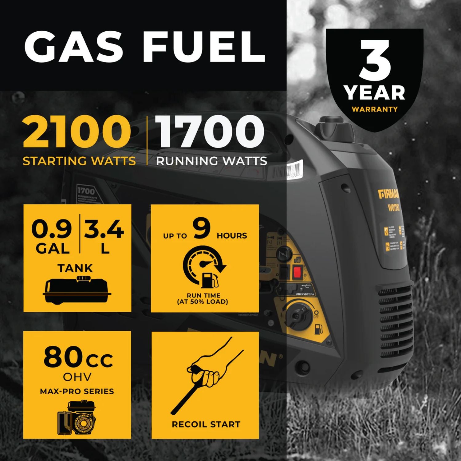 Firman W01781 Generator Gasoline generator with specifications and warranty information displayed.