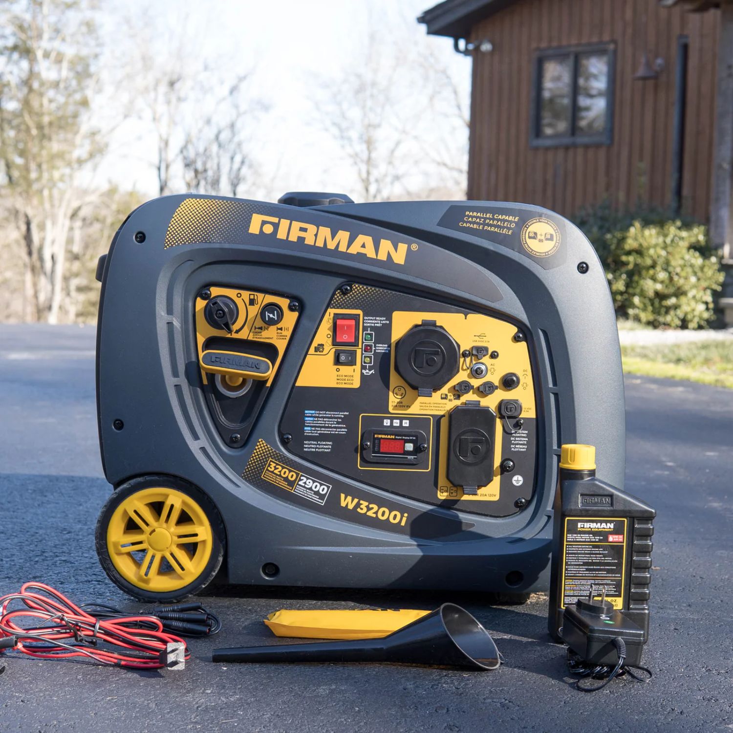 Firman W02981 Generator on a driveway with accessories in front of a house.