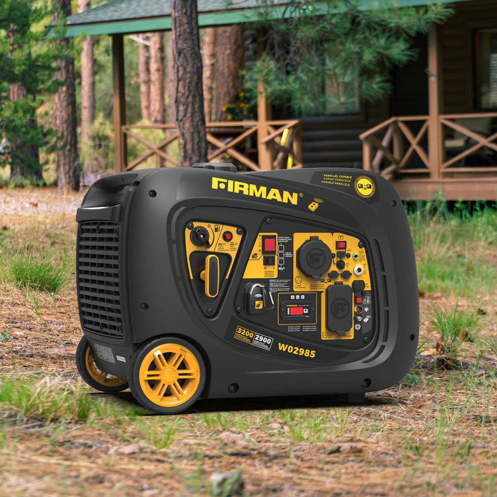 Firman W02985 Generator in a forest setting with a cabin in the background