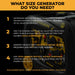 Firman W02985 Generator size selection guide with text and a generator image on a black background