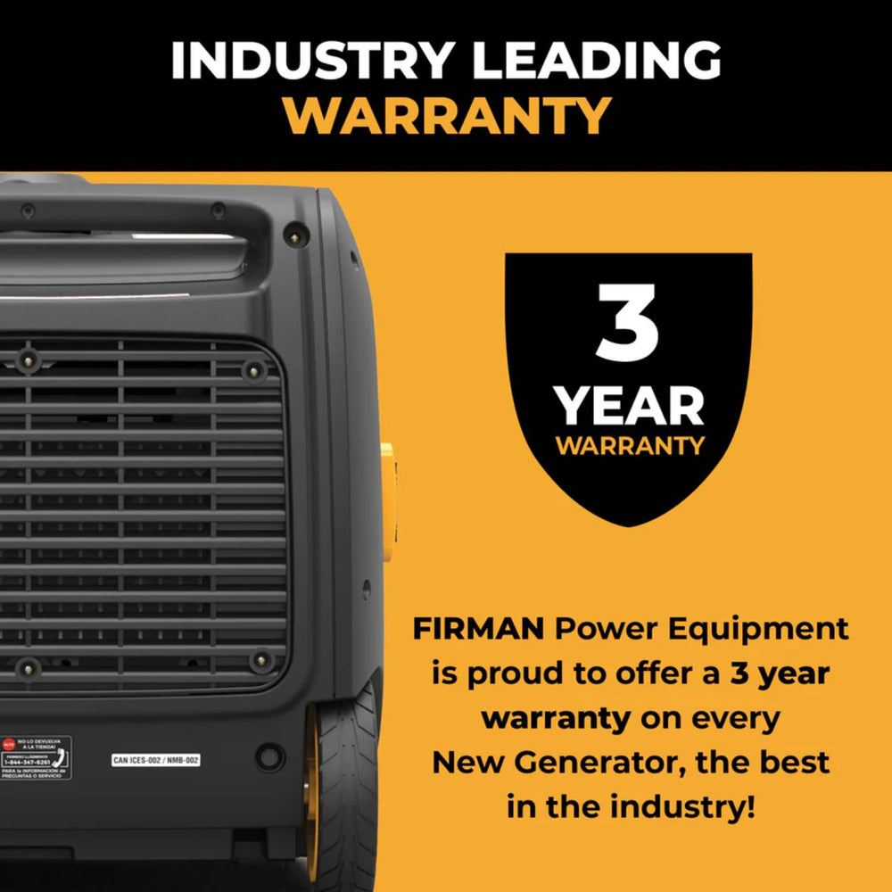 Firman W02985 Generator with a 3-year warranty label on an orange background