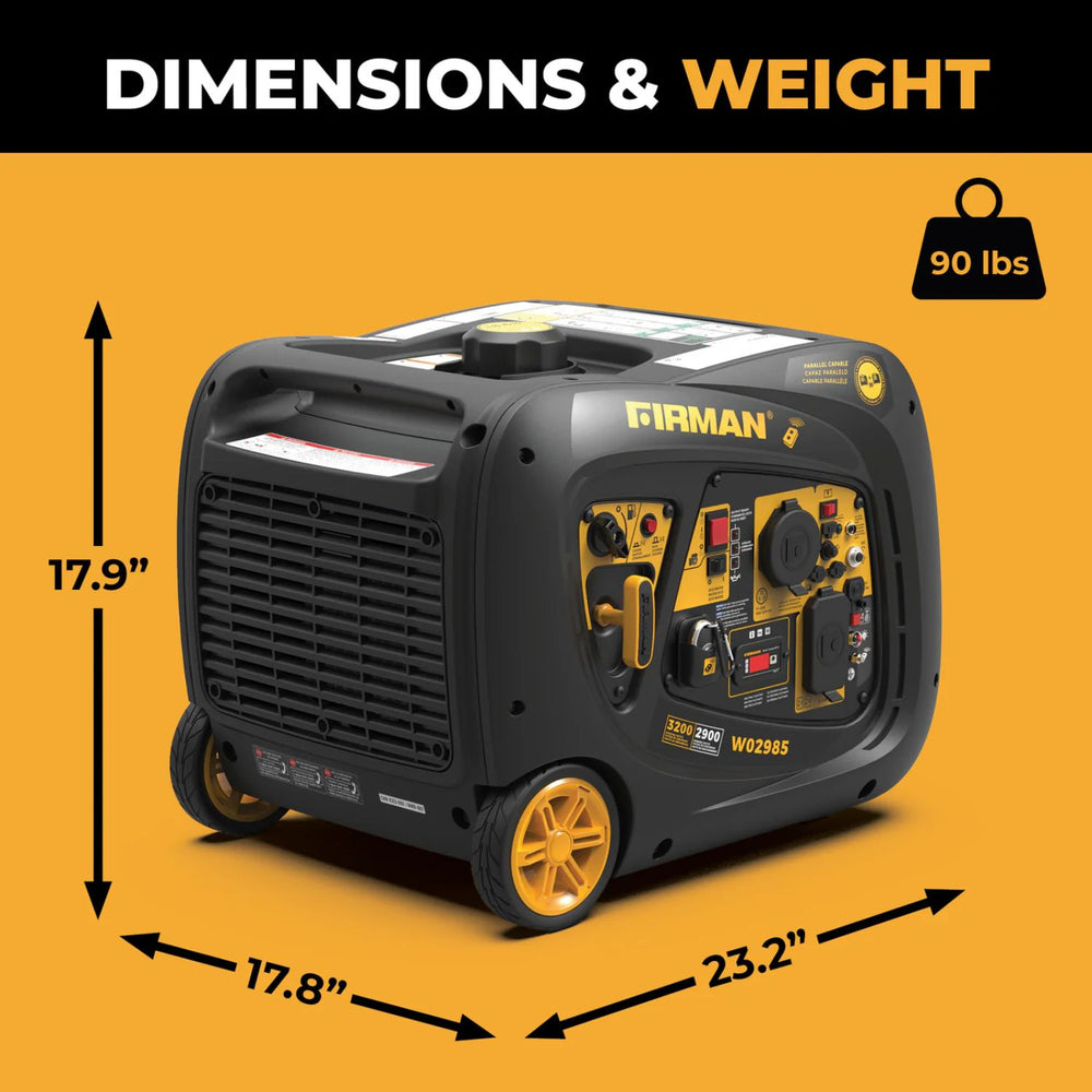 Firman W02985 Generator with dimensions and weight information on an orange background