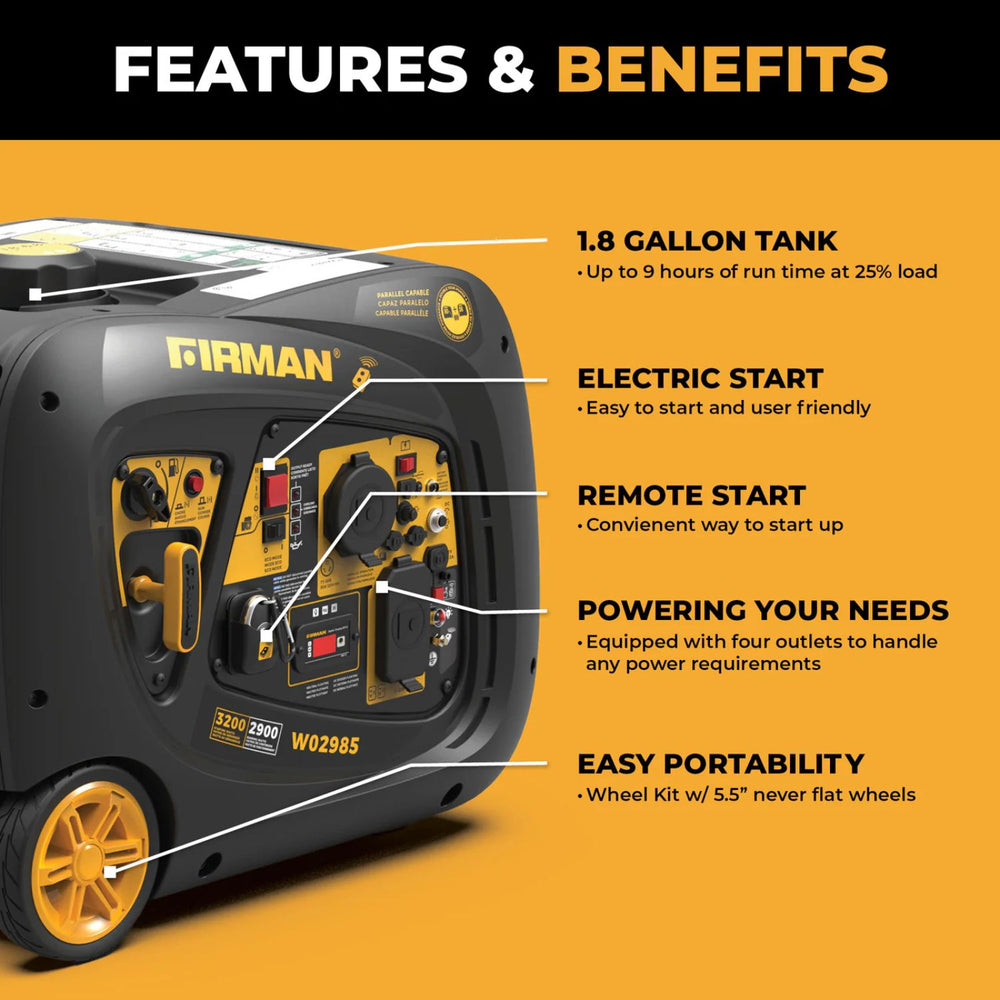 Firman W02985 Generator with features and benefits listed on a yellow background