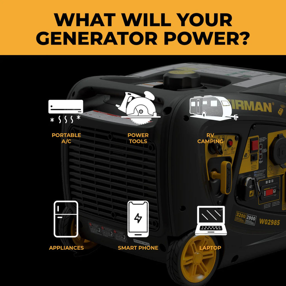 Firman W02985 Generator with icons indicating its uses for various devices on a black and yellow background.