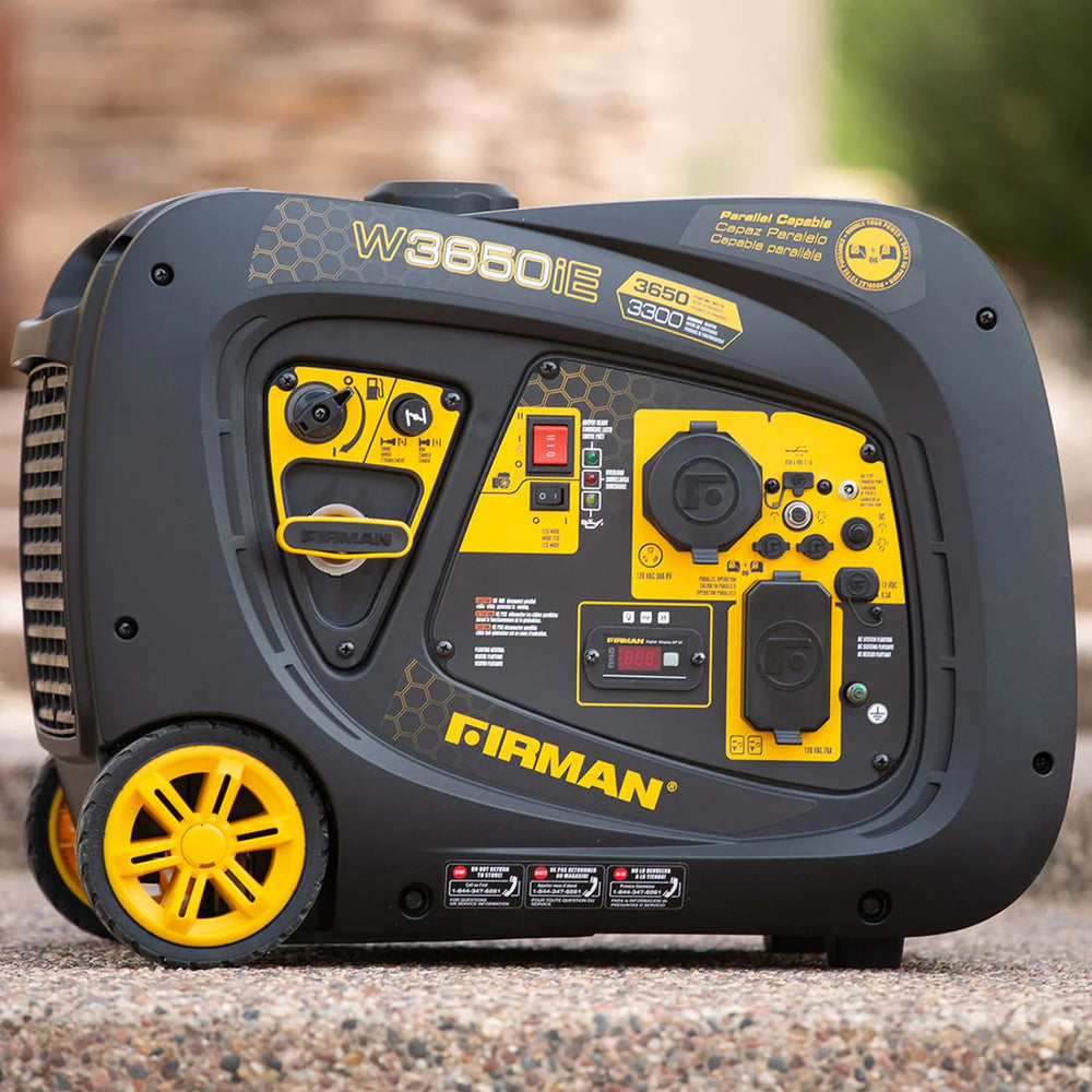 Firman W03382 Generator  with yellow and black design on a blurred background