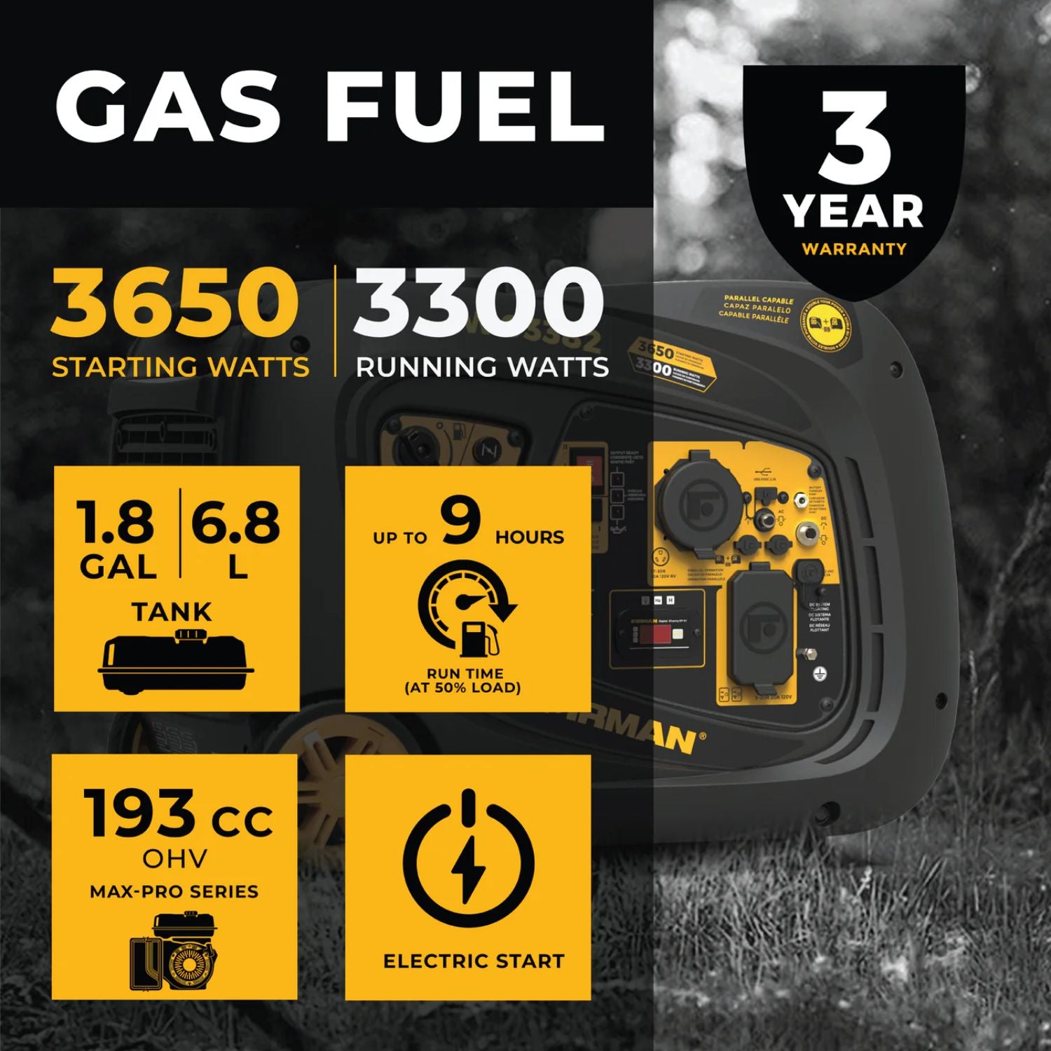 Firman W03382 Generatorwith specifications and warranty information on a black and yellow background