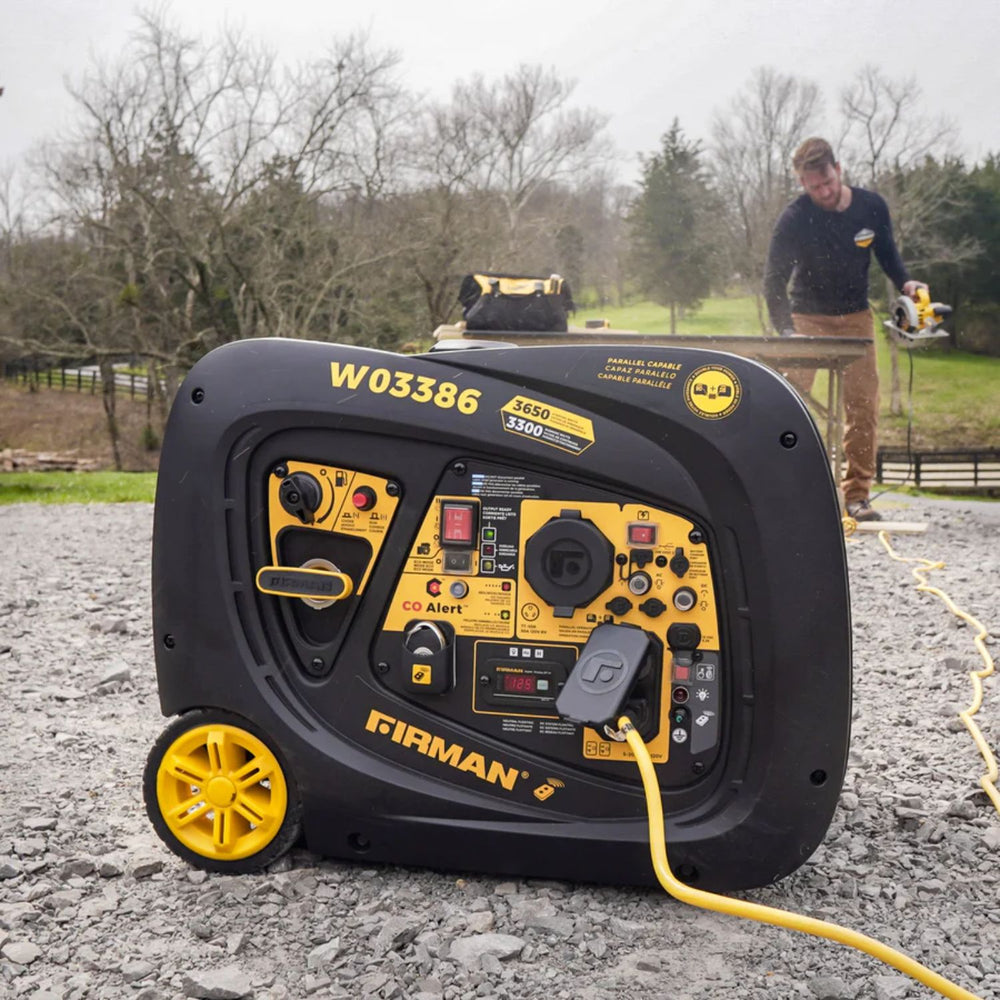 Firman W03386 Generator on a gravel surface with a person using a chainsaw in the background.