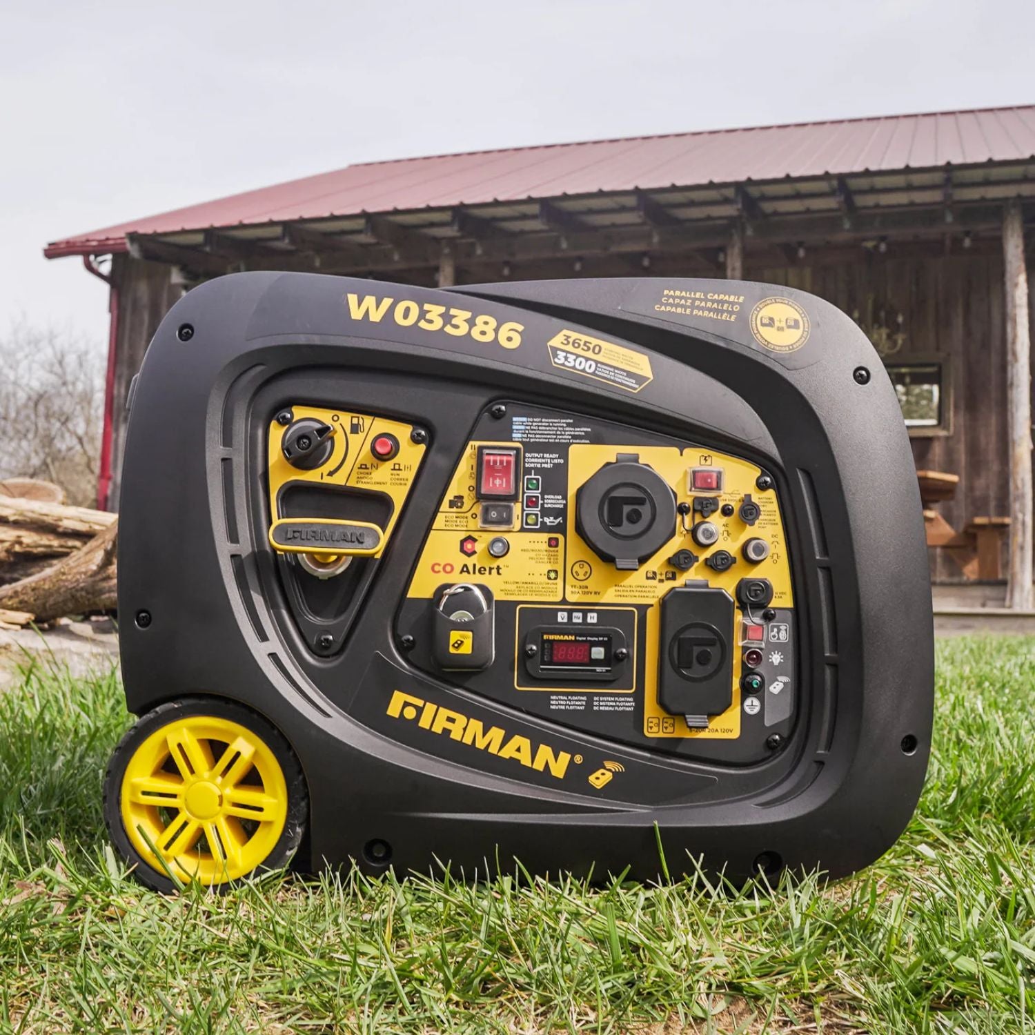 Firman W03386 Generator on grass with a wooden building in the background