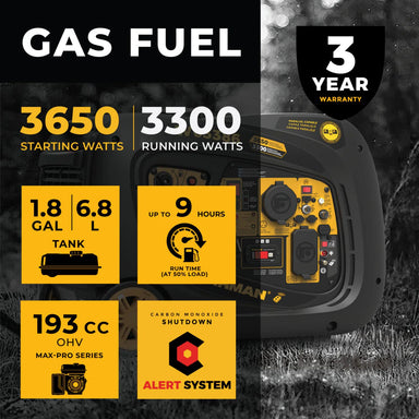 Firman W03386 Generator with specifications and features displayed on a dark background