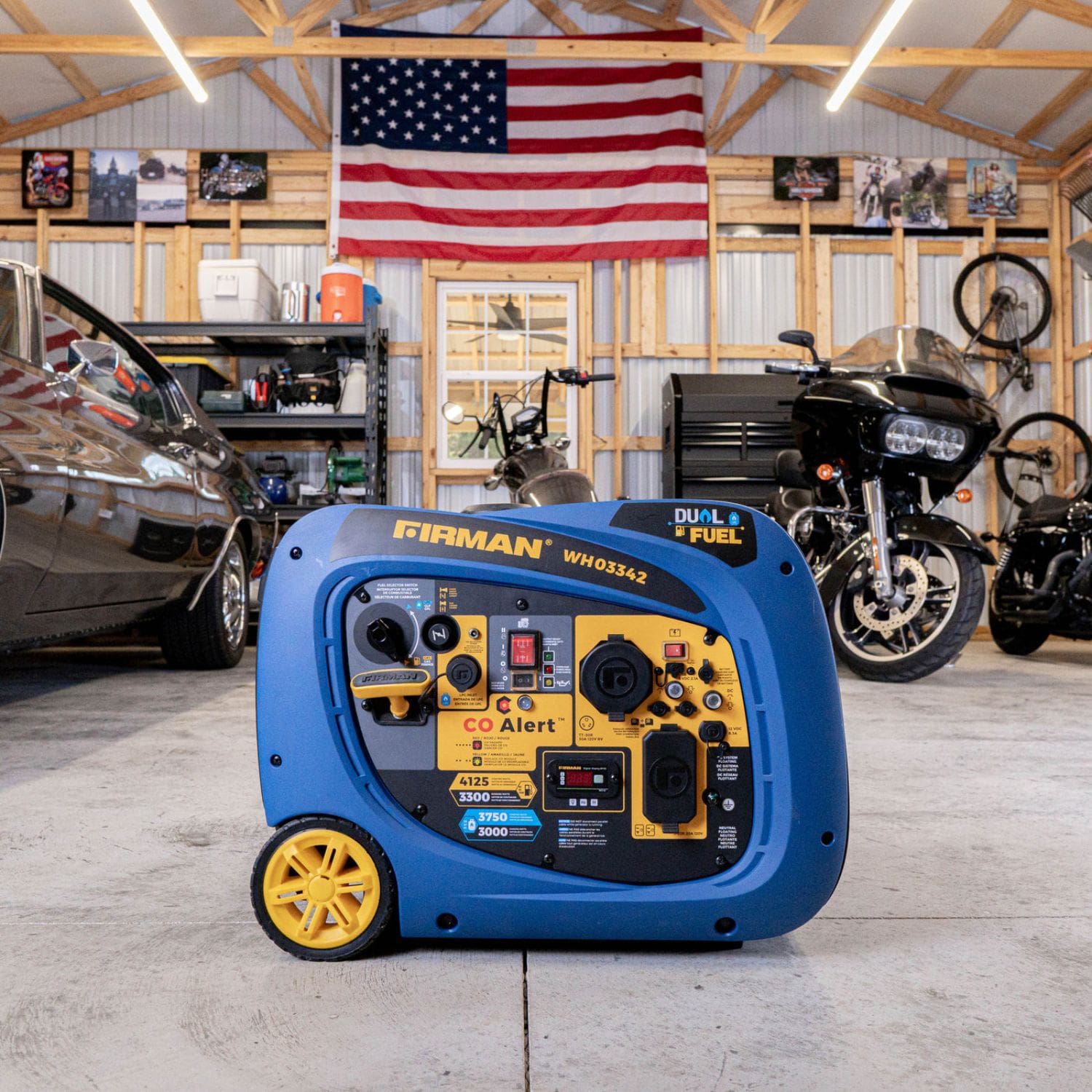 Firman WH03342 Dual Fuel Inverter Generator 4125W placed inside a garage
