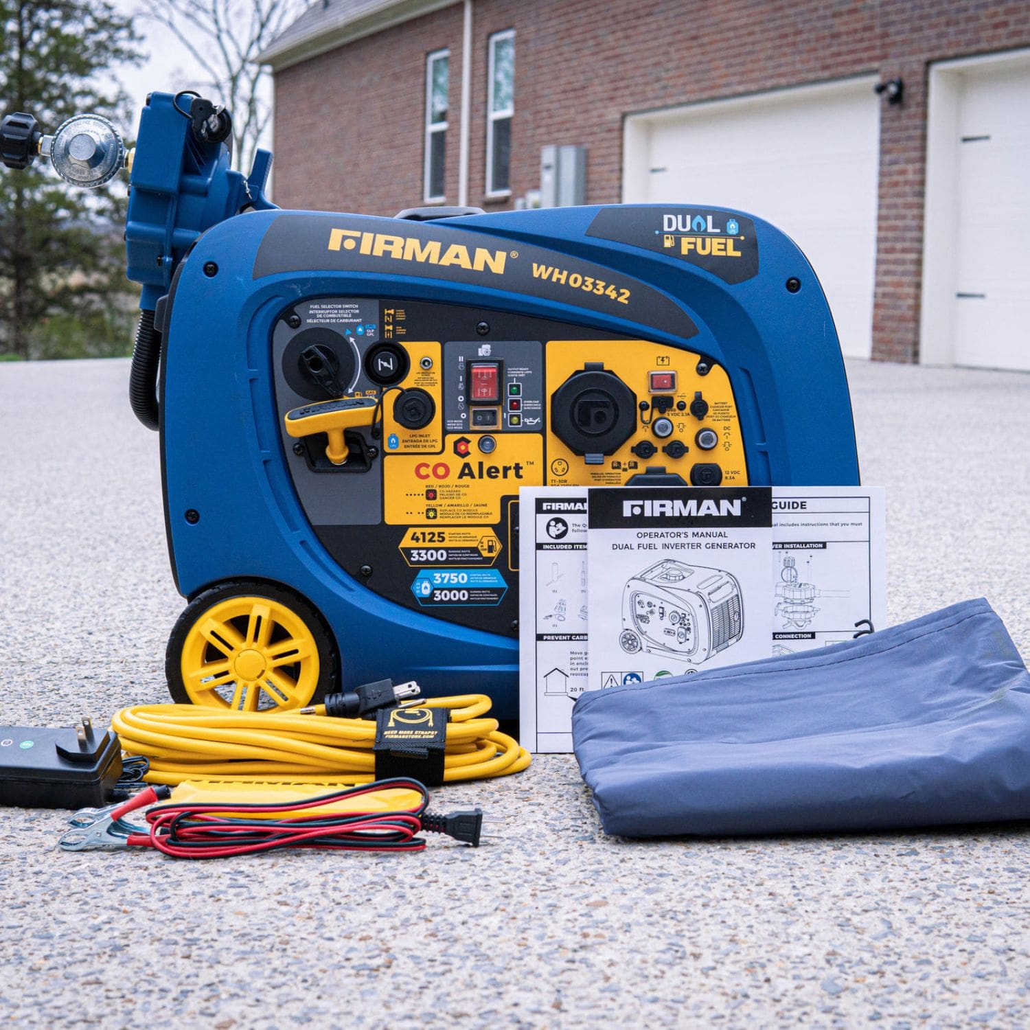 Firman WH03342 Dual Fuel Inverter Generator 4125W with packaging displayed upfront.