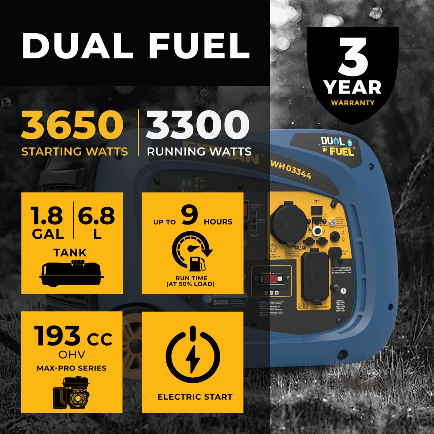 Firman WH03344 Dual Fuel Inverter Portable Generator 4125W Dual Fuel