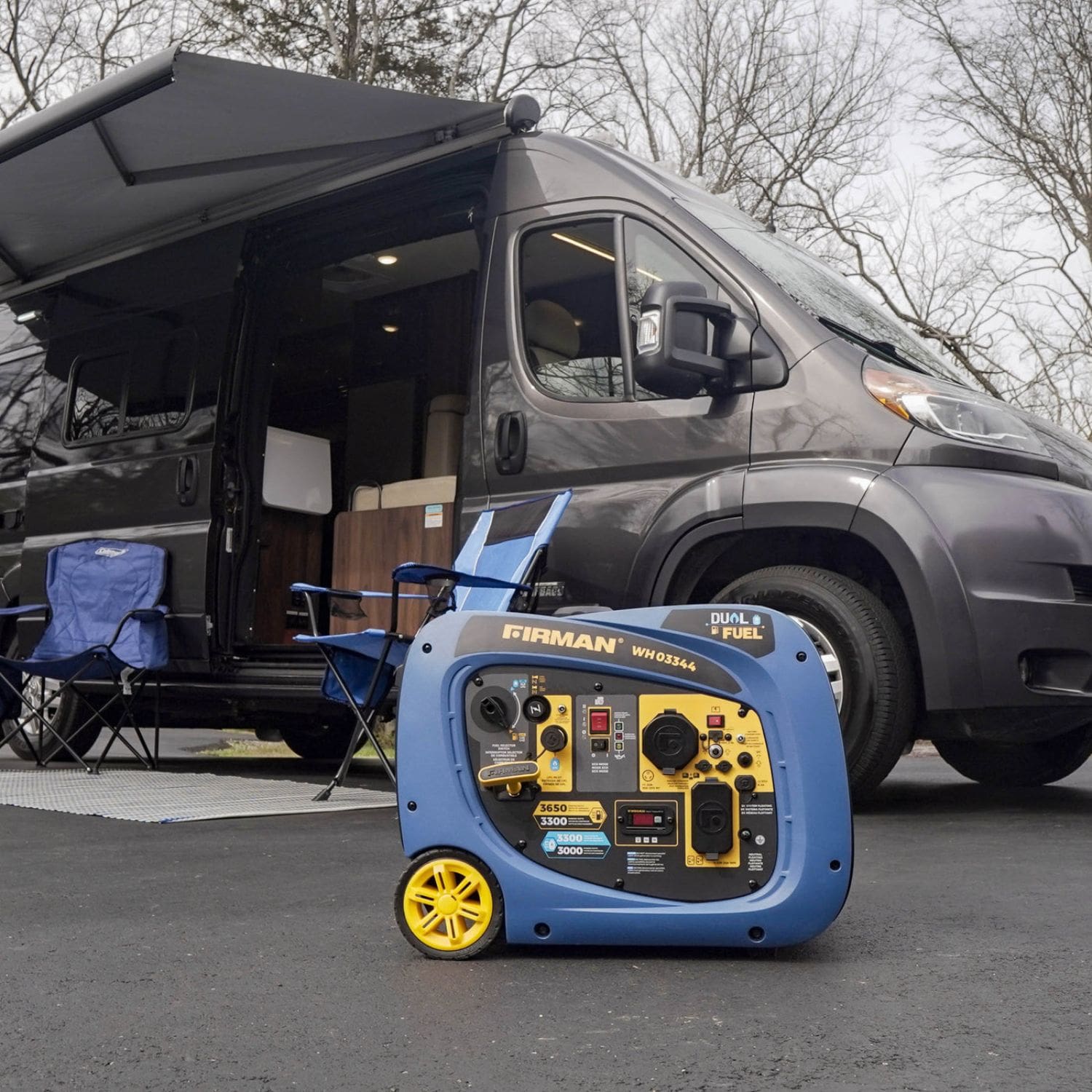 Firman WH03344 dual fuel inverter generator 4125W in front of camping van