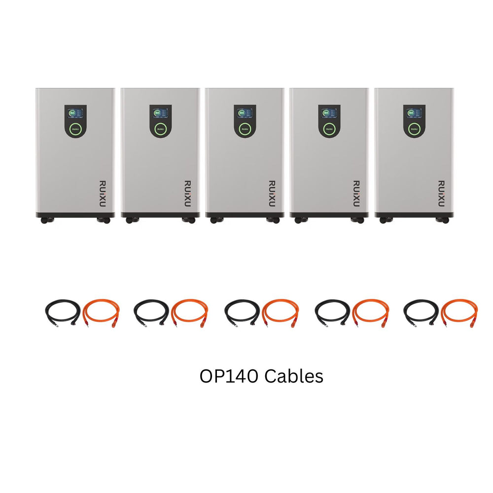 Five RUiXU Lithi2-16 16kWh Battery System with 5 pair OP140 Cables
