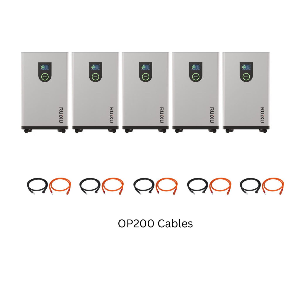 Five RUiXU Lithi2-16 16kWh Battery System with 5 pair OP200 Cables