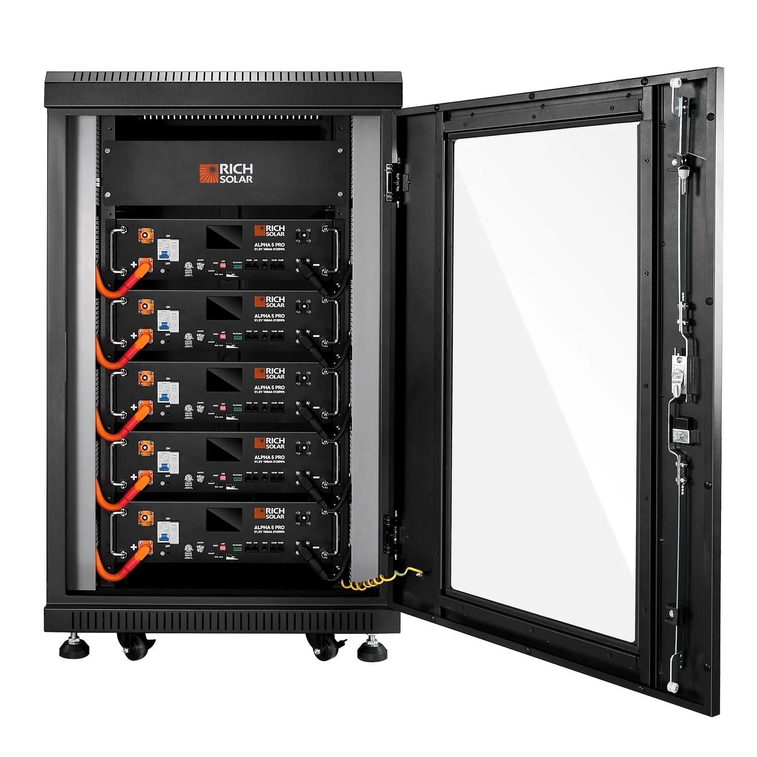  Five Rich Solar ALPHA 5 PRO 51.2V inside server rack with open cover