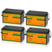 Four ECO-WORTHY LiFePO4 24V 100Ah Lithium Iron Phosphate Battery with orange labels on a white background