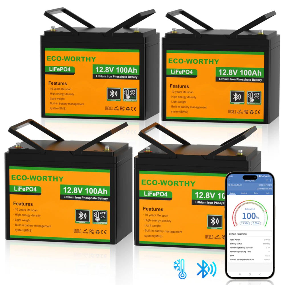 Four Eco-Worthy lithium iron phosphate batteries with a smartphone displaying battery information.