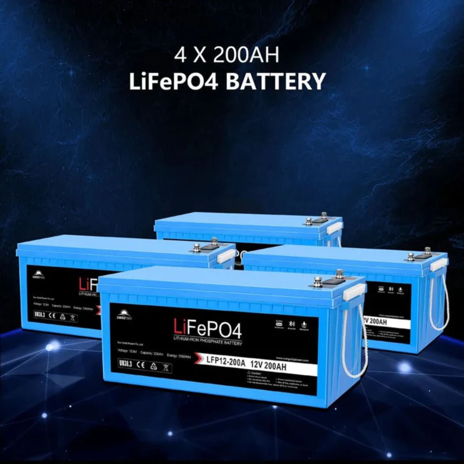 Four LiFePO4 batteries on a dark blue background with '4 X 200AH' text.