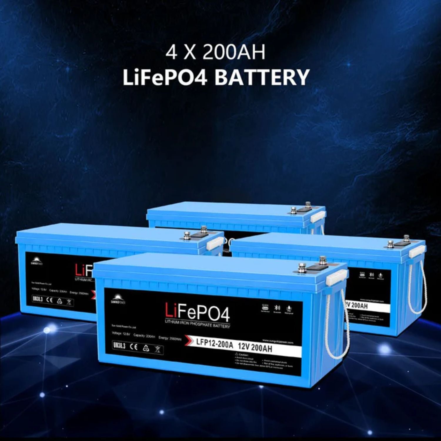 Four LiFePO4 batteries on a dark blue background with text indicating capacity and brand.