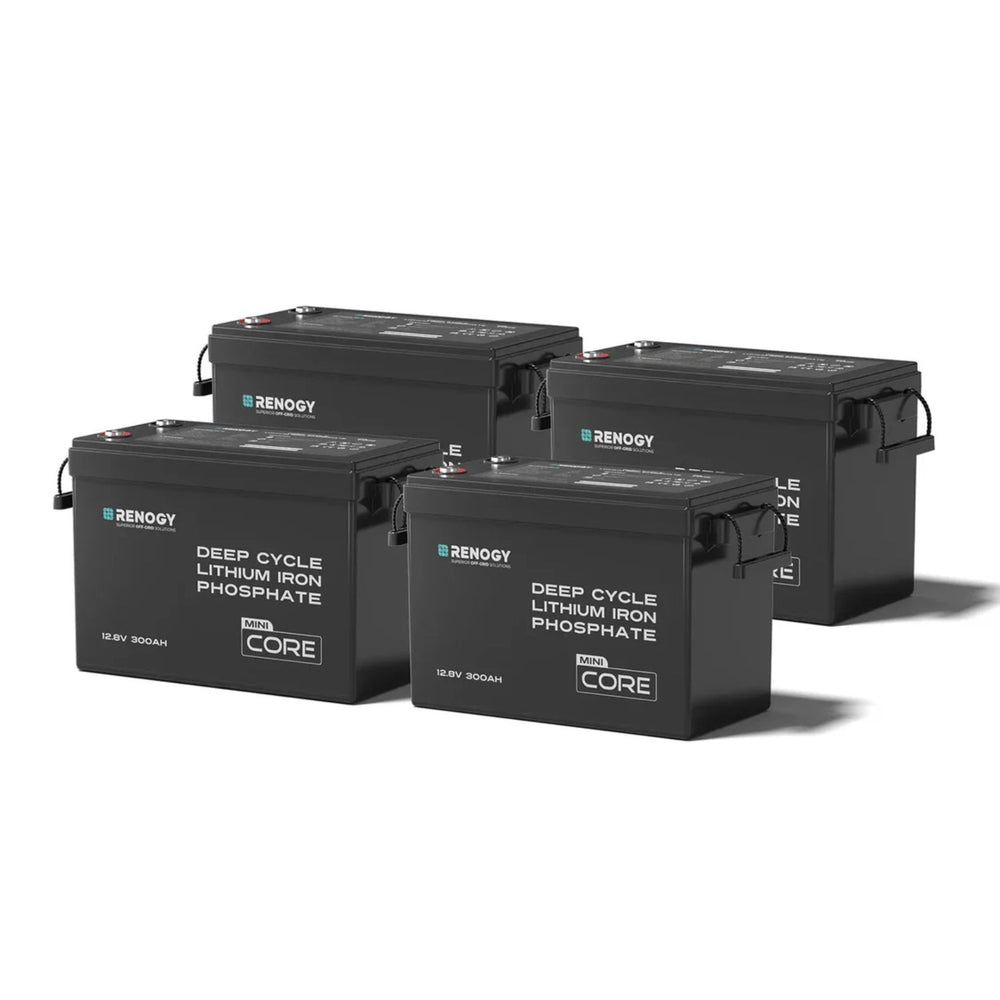Four Renogy 300Ah Core deep cycle lithium iron phosphate batteries on a white background
