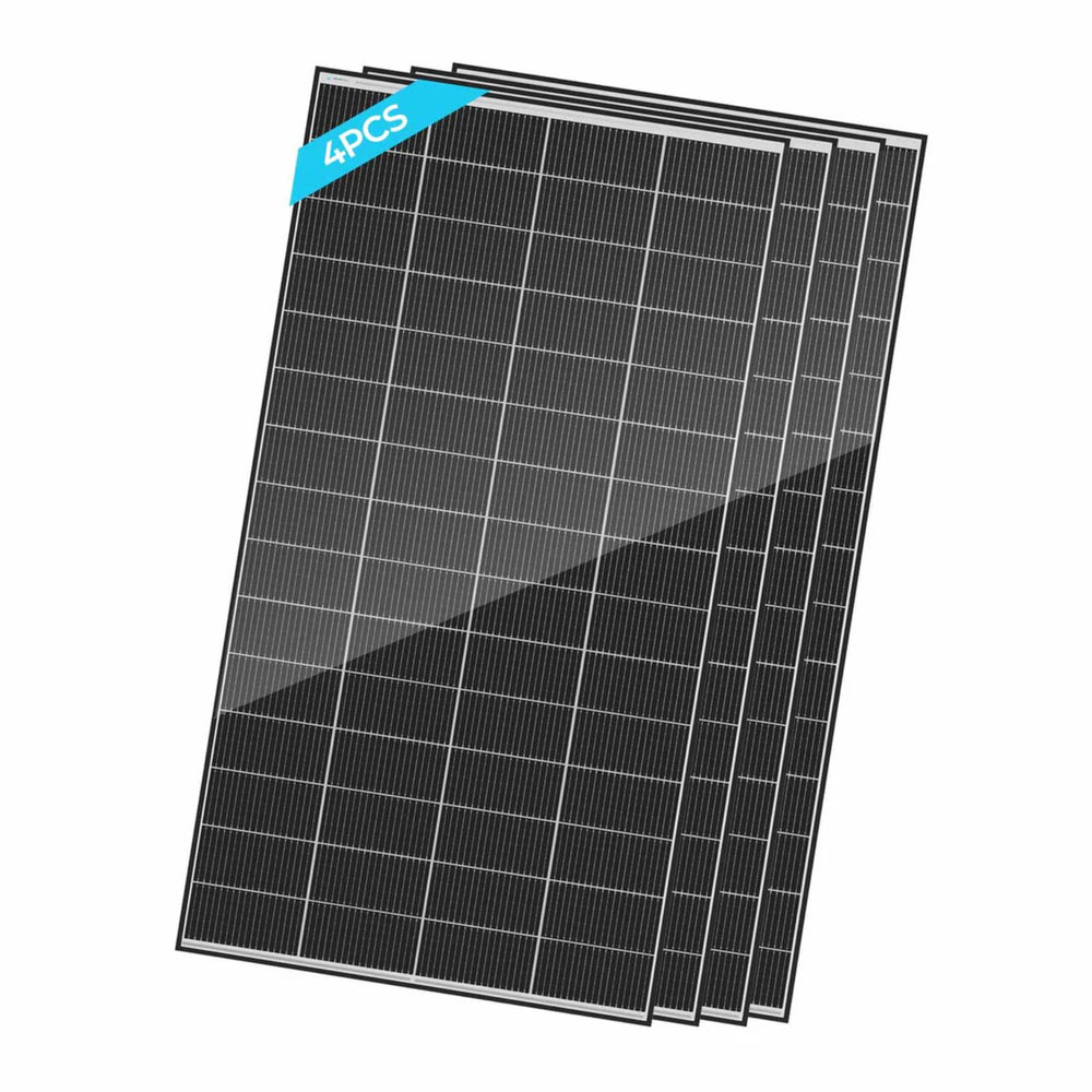 Four Renogy 320W N-Type Monocrystalline Solar Panel with a grid pattern 