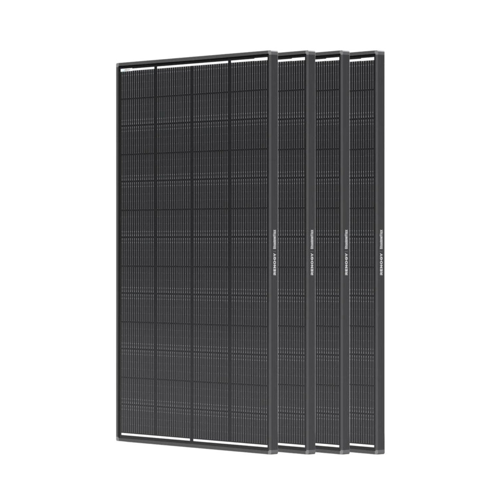 Four black Renogy 200W / 120W panels on a white background