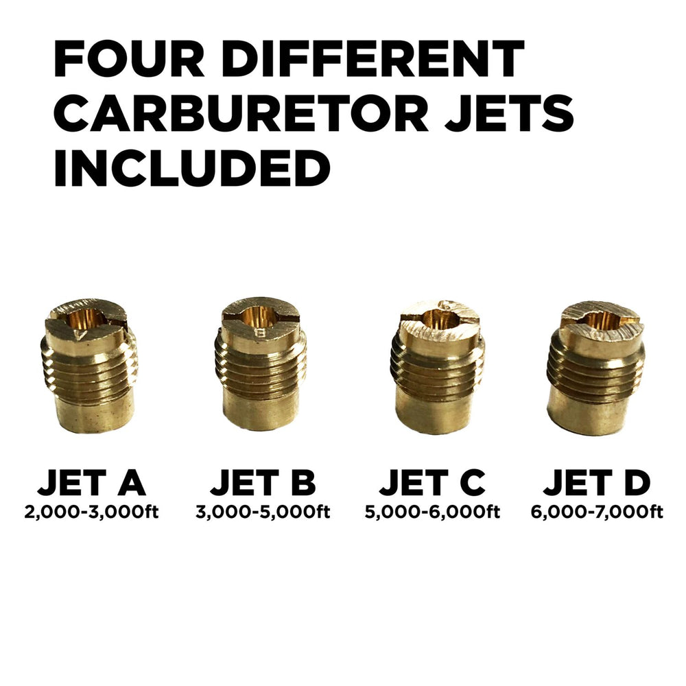 Four different carburetor jets with labeled ranges for Cummins High Altitude Carburetor Kit 224cc