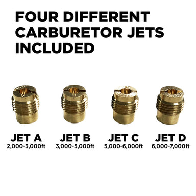 Four different carburetor jets with labeled ranges for Cummins High Altitude Carburetor Kit 224cc