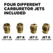 Four different carburetor jets with labeled ranges for Cummins High Altitude Carburetor Kit P9500DF
