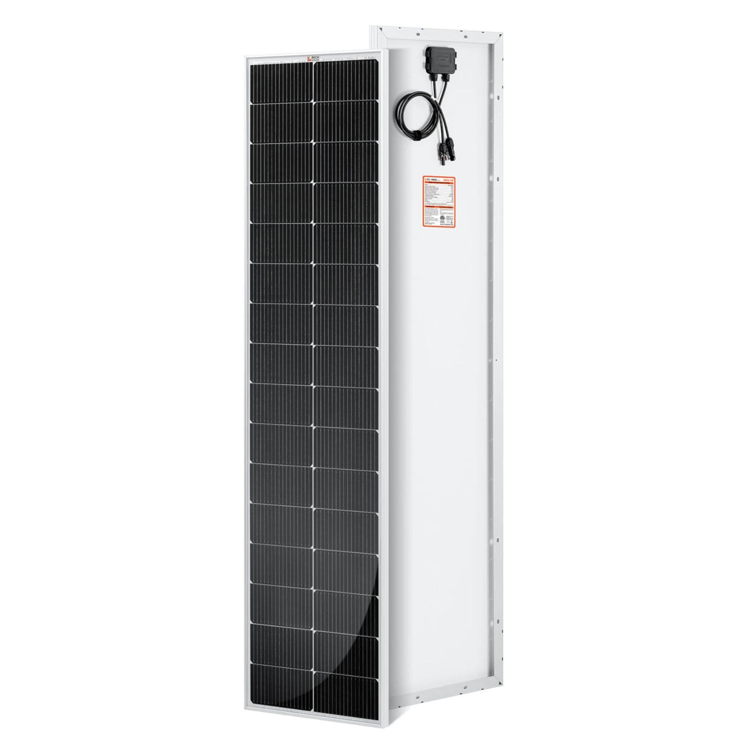 Front and back view of the Rich Solar MEGA 130 Watt Slim Solar Panel
