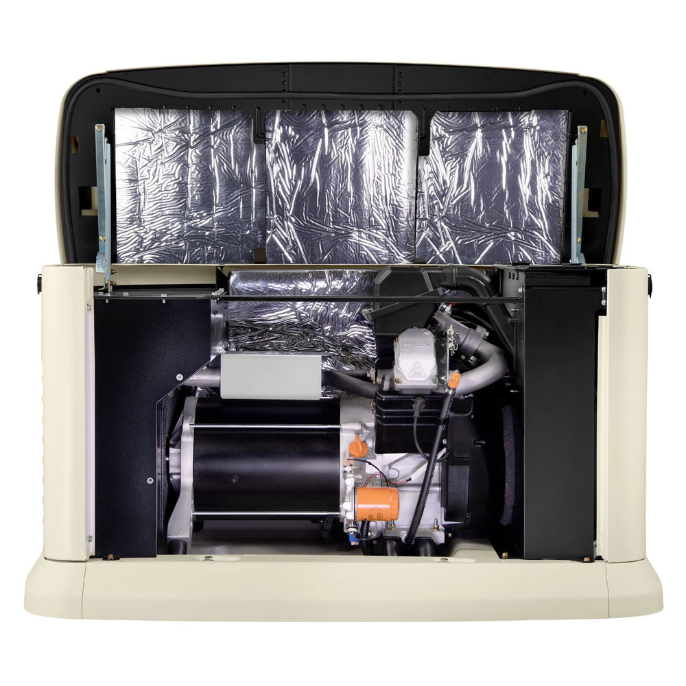 Front view of Generac 10kW Standby Generator with open lid
