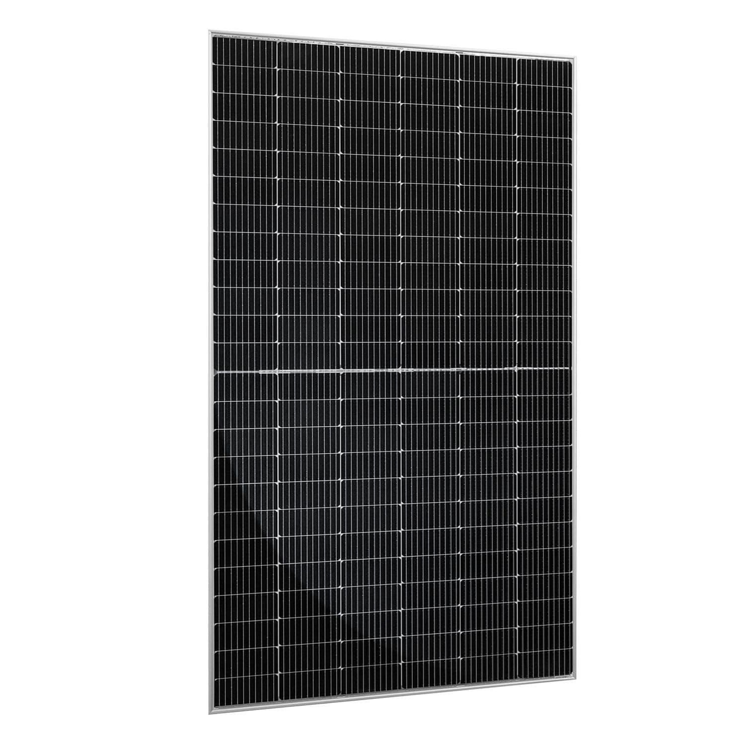 Front view of Rich Solar MEGA 550W Bifacial Solar Panel with sleek black frame and high-efficiency solar cells.