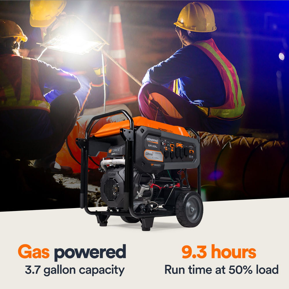 Gas-powered Generac GP18000EFI Portable Generator with construction workers in the background