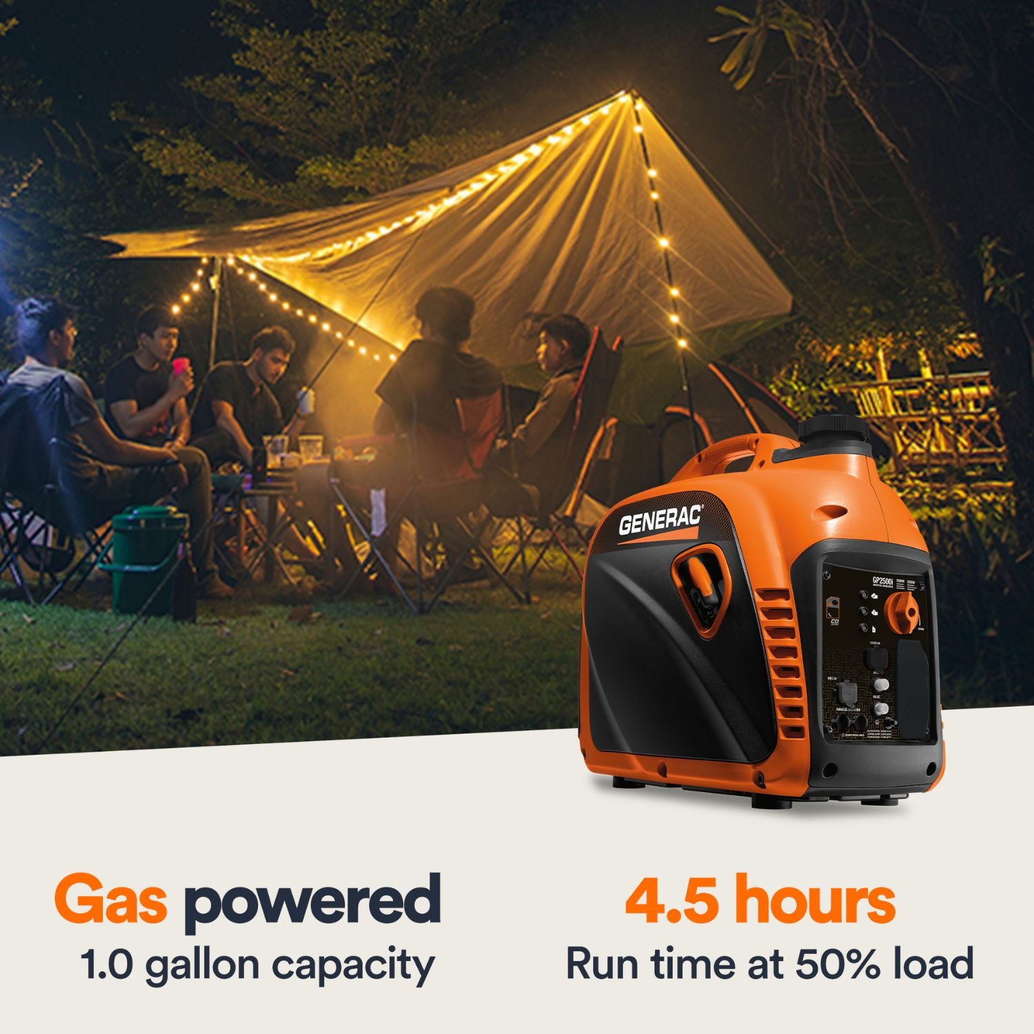 Generac 2500i Inverter Generator showing gas tank capacity details