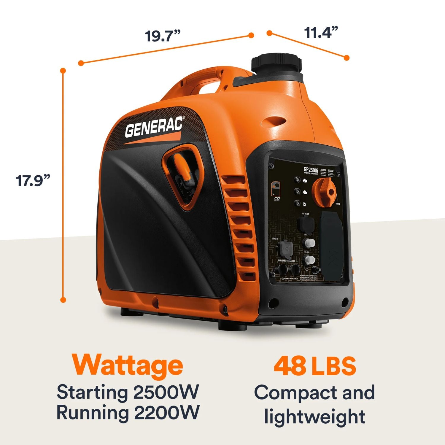 Generac 2500i Inverter Generator with dimensions shown for size reference