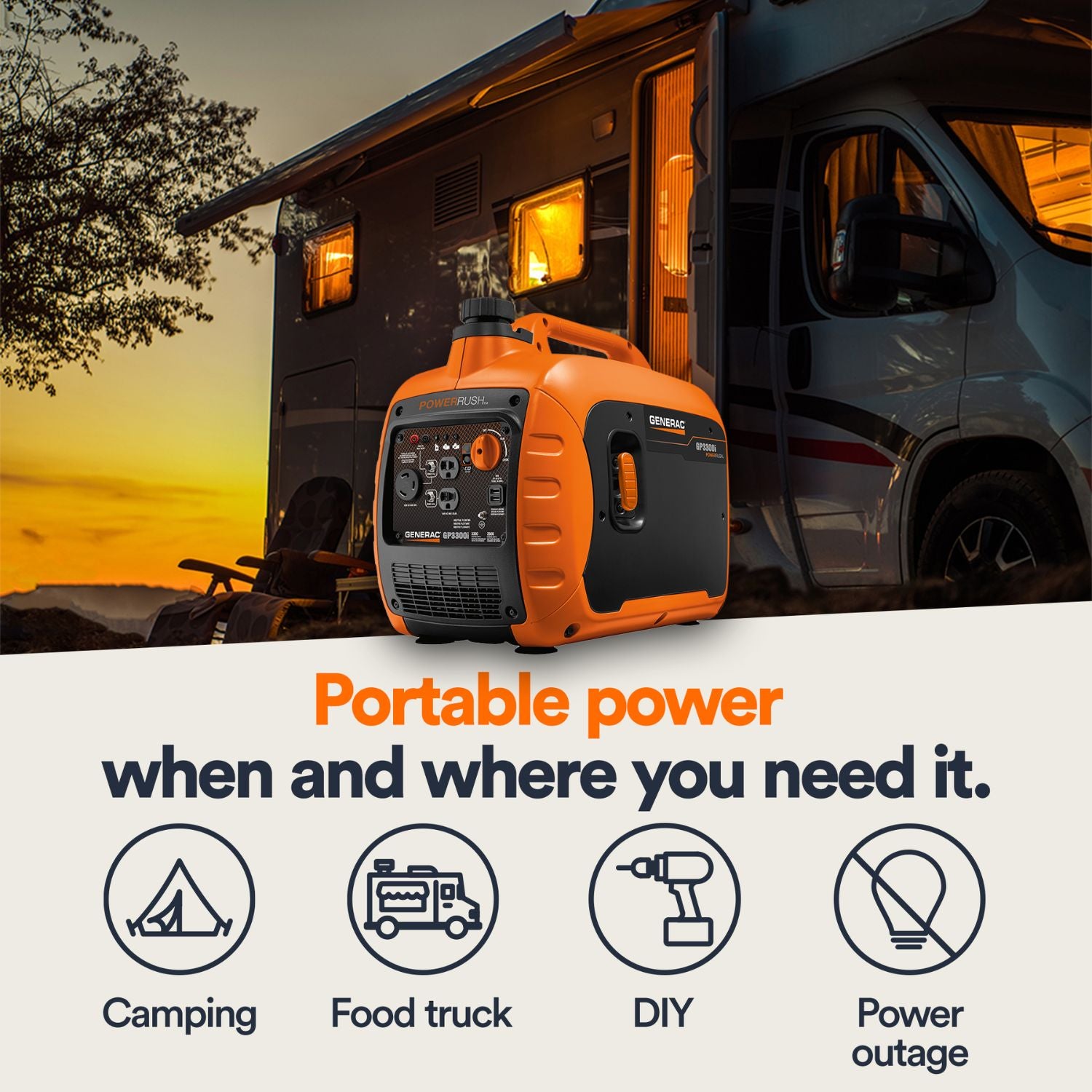 Generac 3300i Portable Inverter Generator ready for use anywhere you need power