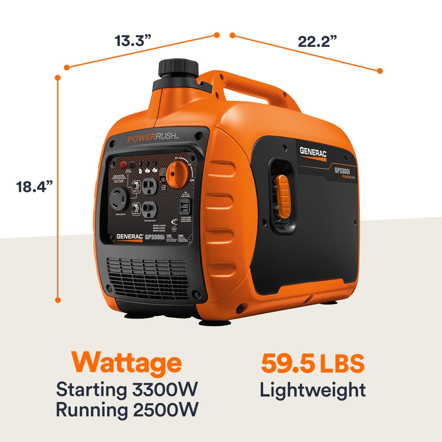 Generac 3300i Portable Inverter Generator with dimensions and size reference