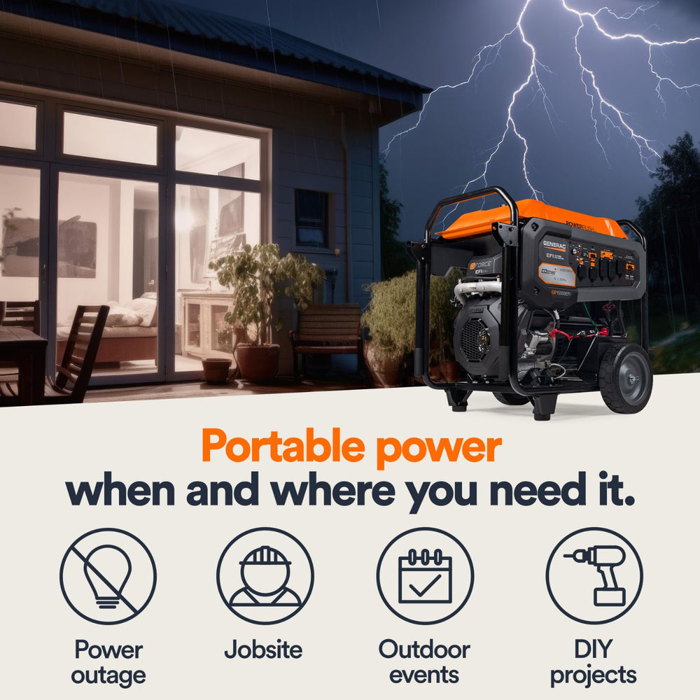 Generac GP15500EFI generator in front of a house with lightning in the background, emphasizing portable power solutions.