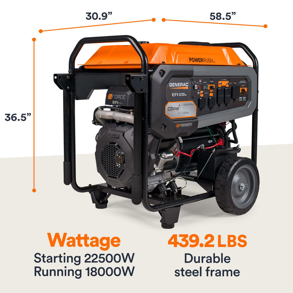 Generac GP18000EFI Portable Generator  with dimensions and specifications on a white background