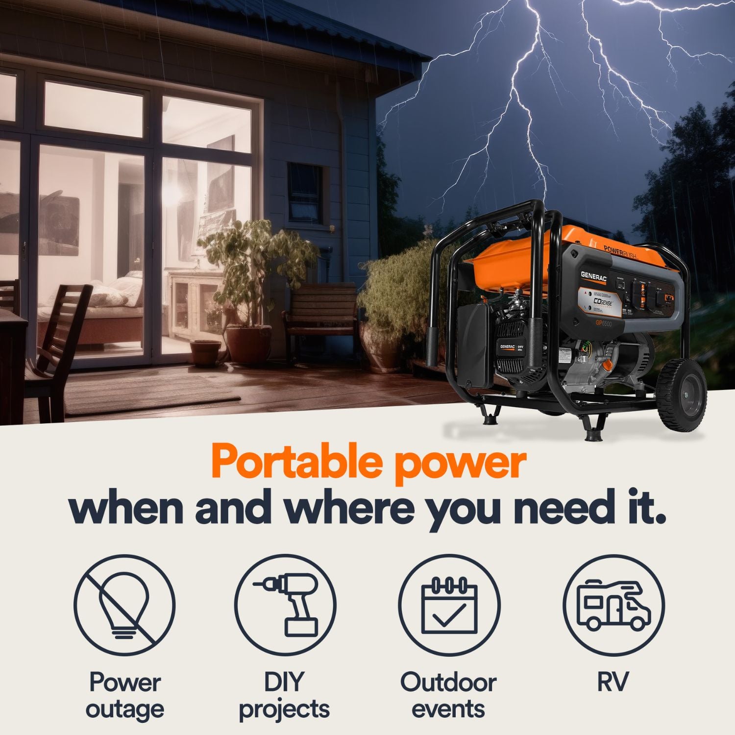 Generac GP6500E Portable Generator  in front of a house with lightning in the background, emphasizing portable power solutions.