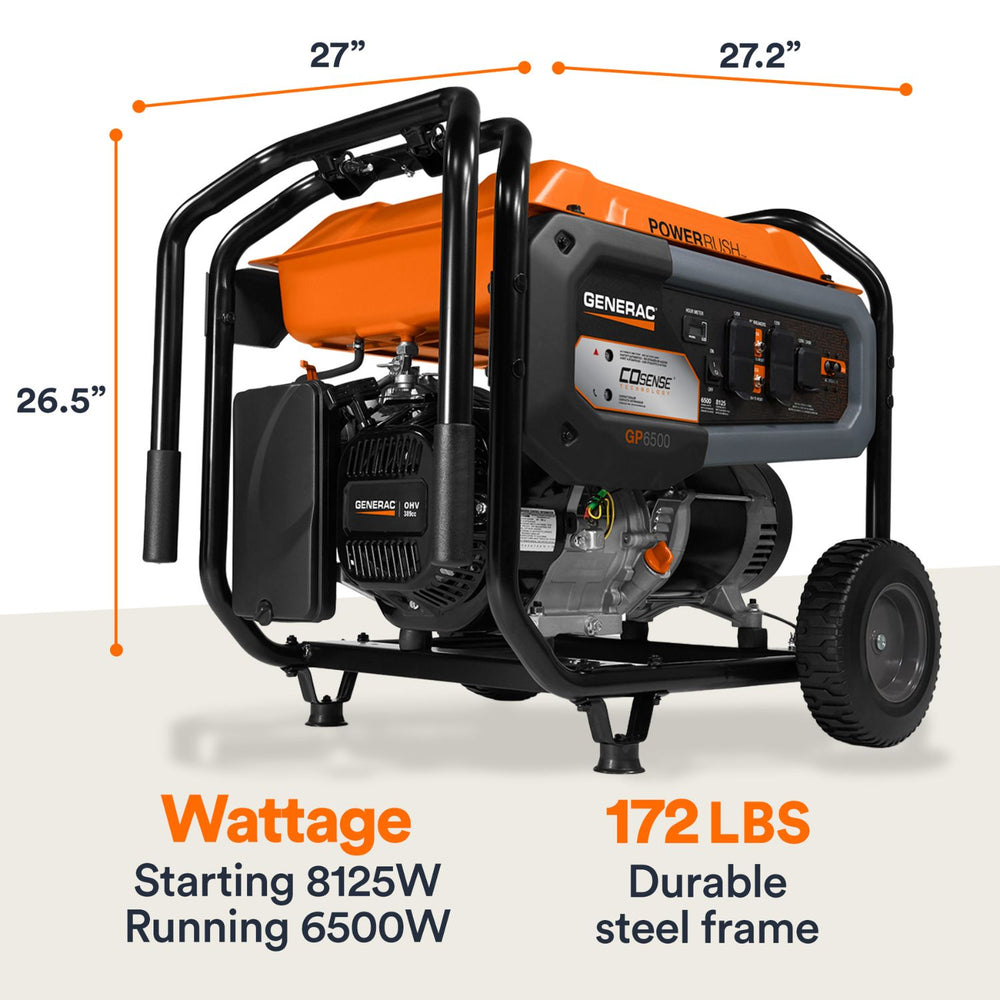 Generac GP6500E Portable Generator with dimensions and specifications on a white background