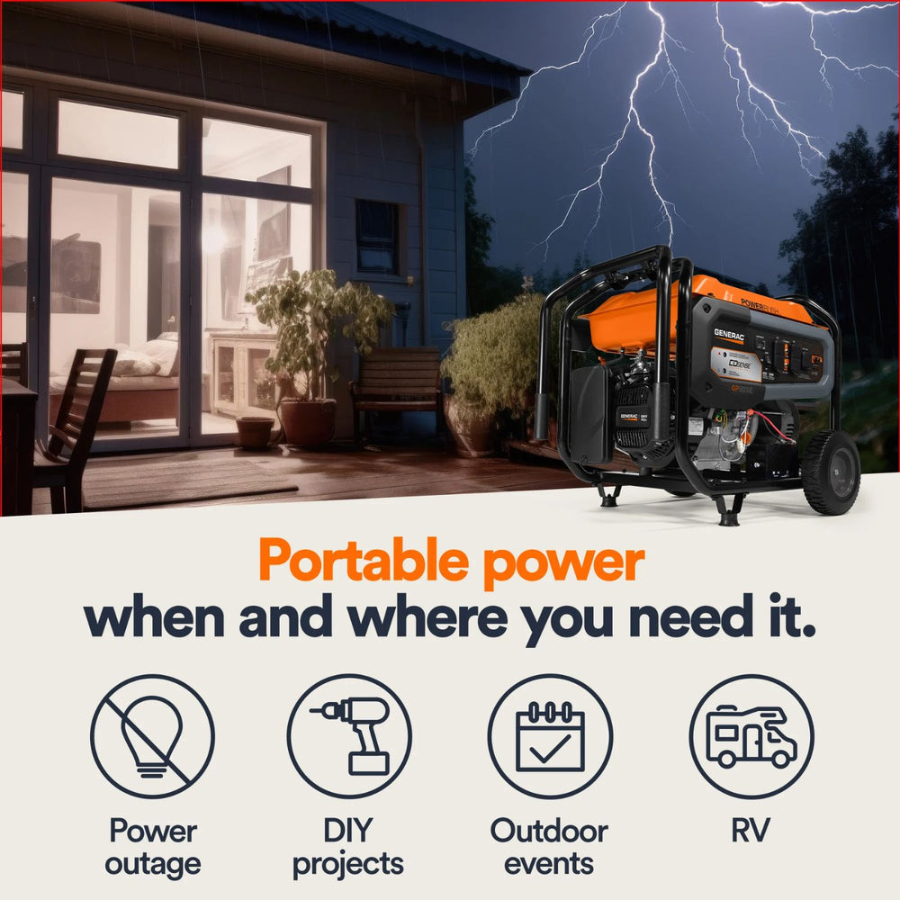Generac Portable Generator 8000 Electric Start COsense in front of a house with lightning in the background, emphasizing portable power solutions.