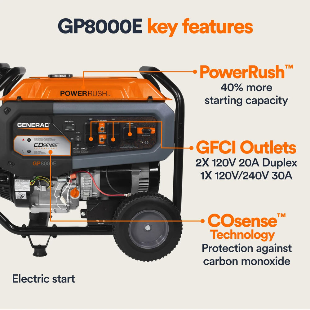 Generac Portable Generator 8000 Electric Start COsense  with key features highlighted on a white background