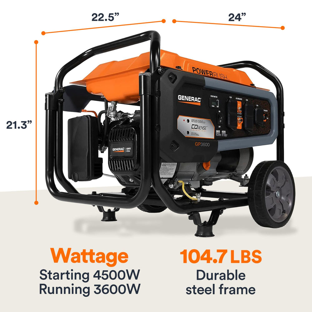 Generac Portable Generator GP3600W with dimensions and specifications on a white background