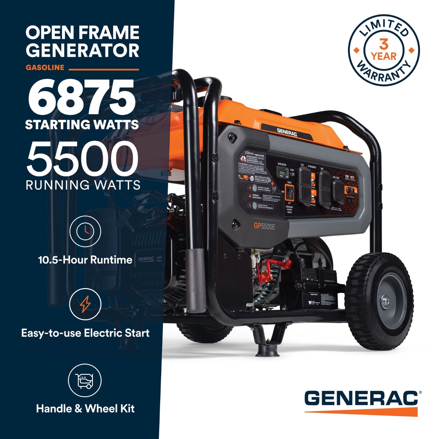 Generac Portable Inverter Generators GP5500E open frame generator with specifications 