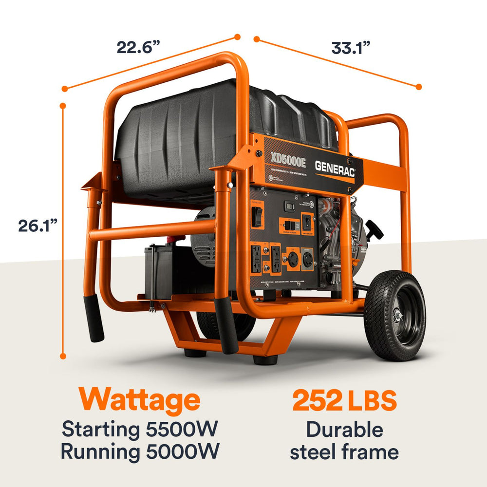 Generac XD5000E Portable Generator with dimensions and specifications on a white background