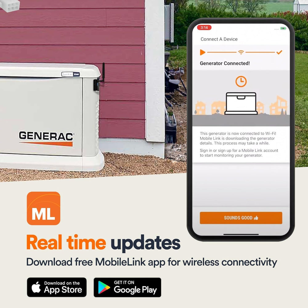 Generac generator with a smartphone displaying the MobileLink app on a white background